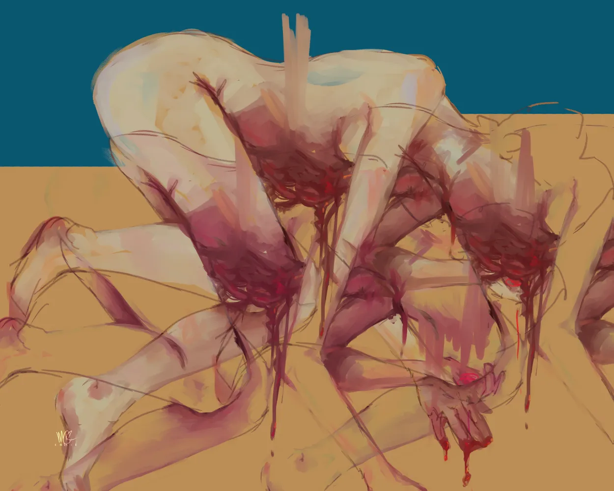 digital artwork of a chopped up headless body, multiple limbs morphing into one another with blood